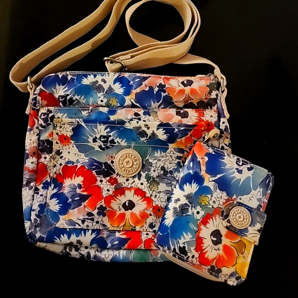 Kipling Blue & Pink Flower Print Crossbody & Wallet Set